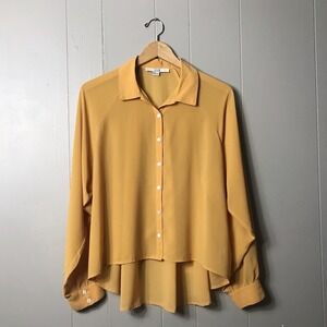 XXI FOREVER 21 SPICY MUSTARD YELLOW SHEER BUTTON FRONT BLOUSE WOMENS SIZE LARGE